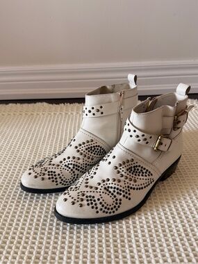 Bronx White Studded Leather Ankle Cowboy Booties with Buckle